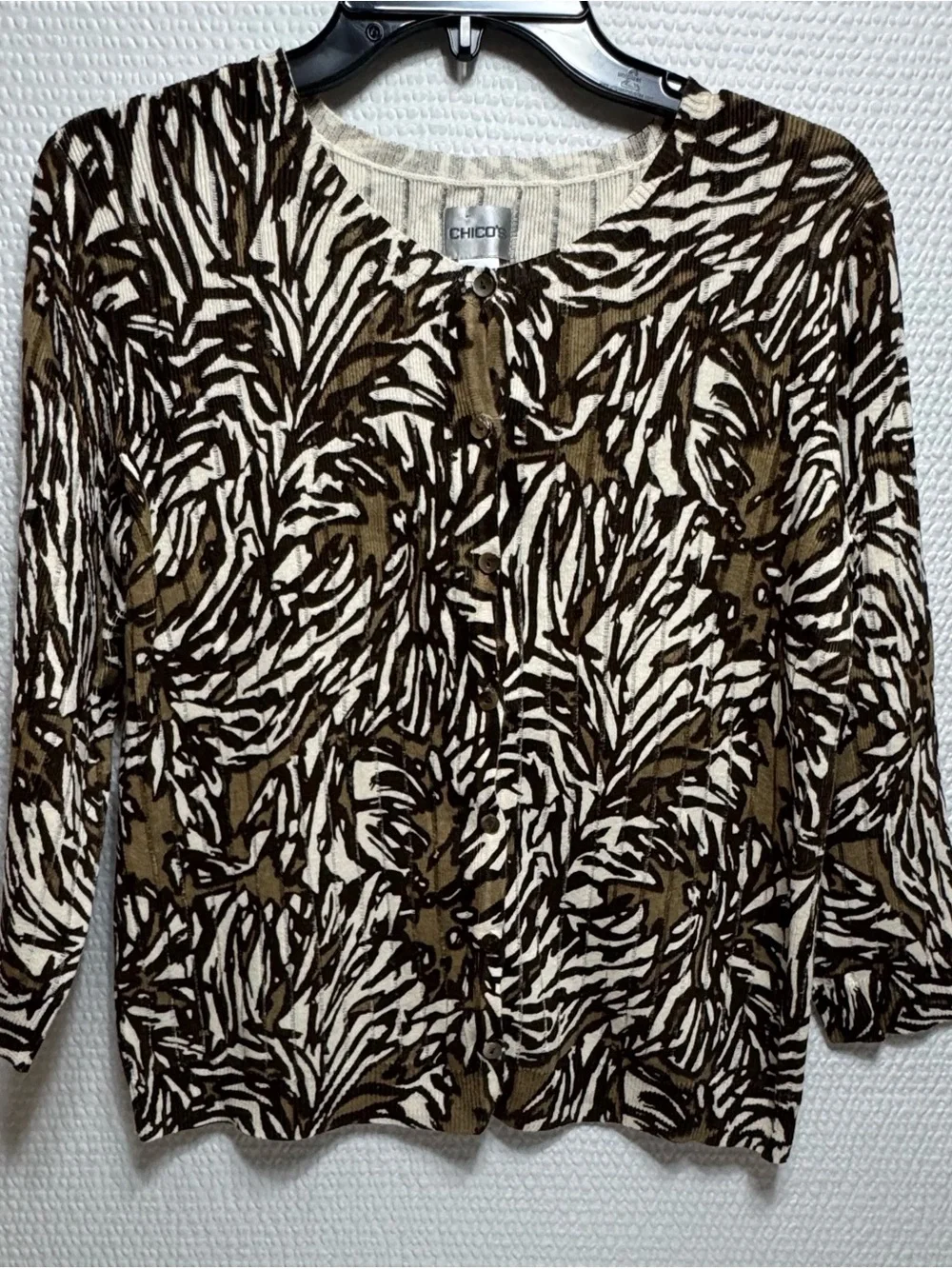 Chico's Women's Cream and Brown Printed Button Cardigan size 2 (L)